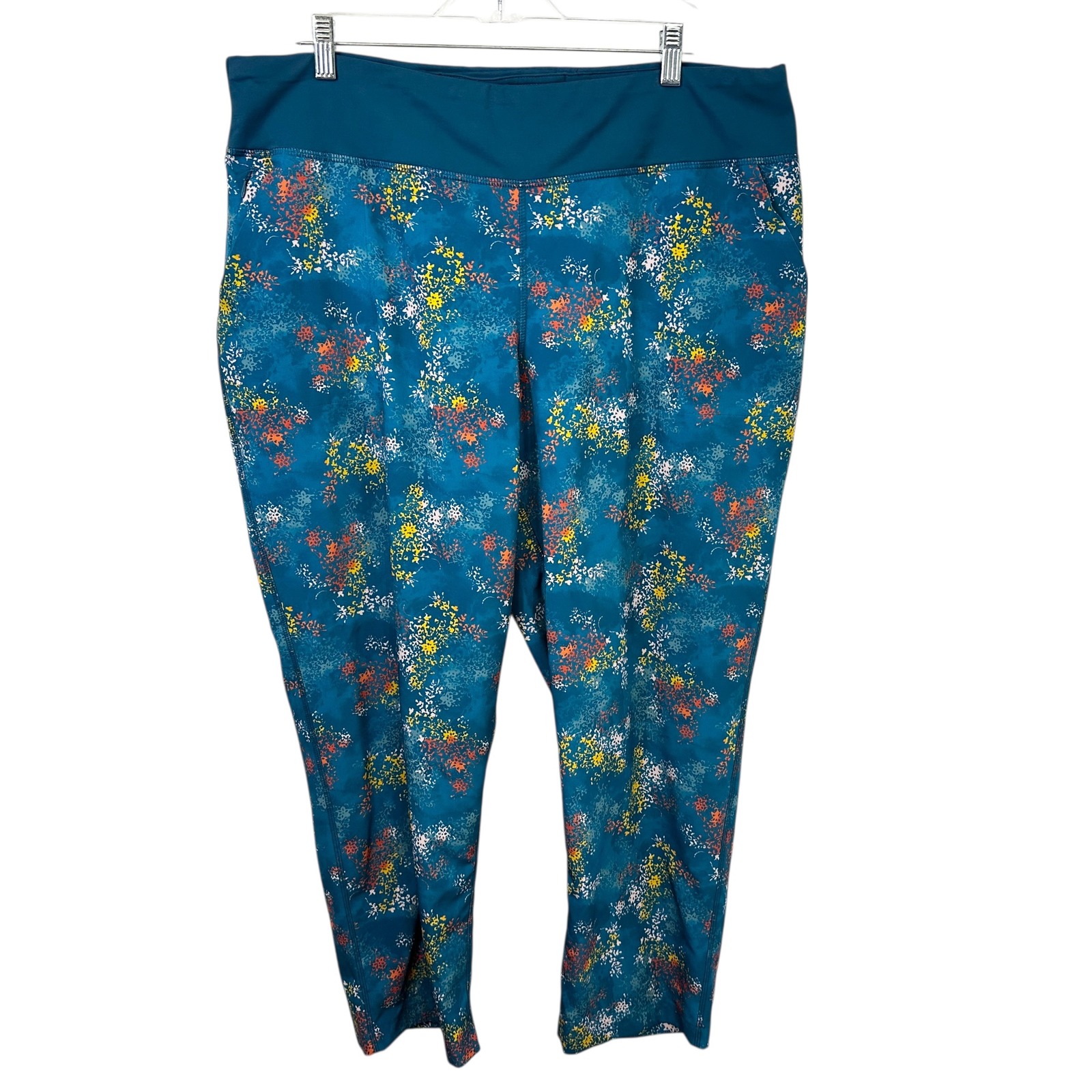Lands End Xl Petite Leggings Teal Blue Floral Print Active High Rise 1079